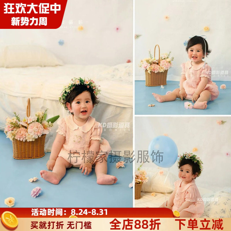 春夏季简约清新花卉主题百天周岁宝宝粉色连衣裙服装甜美拍照