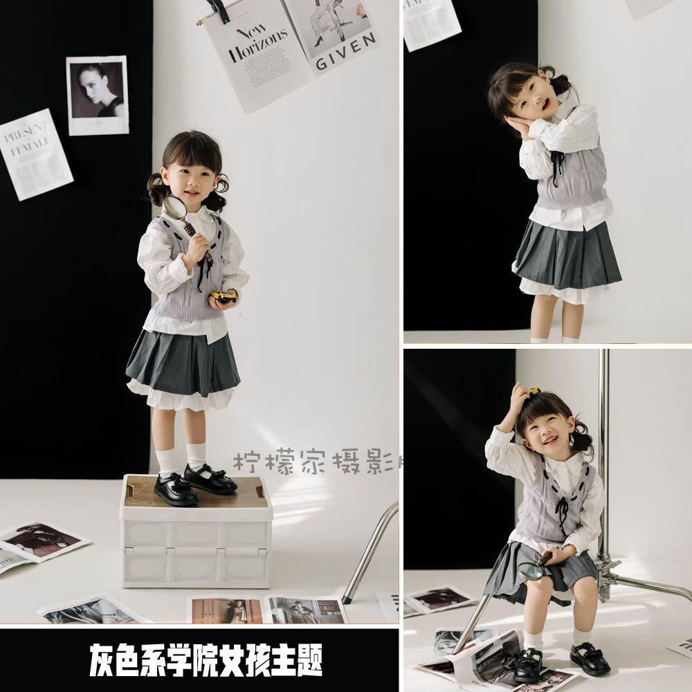 儿童摄影服装灰色系学院风制服套装女童影楼文艺拍照马甲三件套