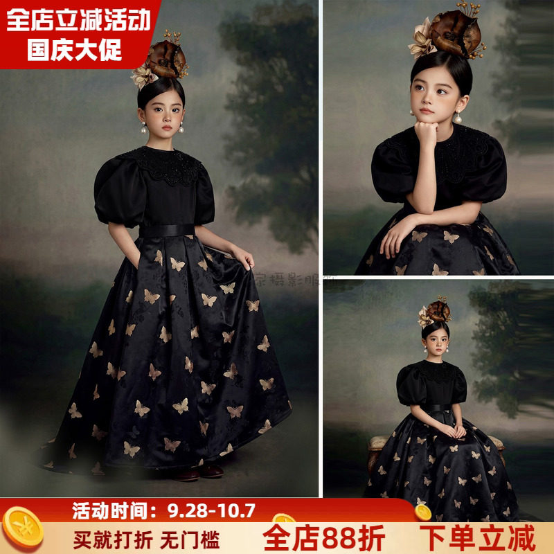 女童复古宫廷蝴蝶印花泡泡袖礼服