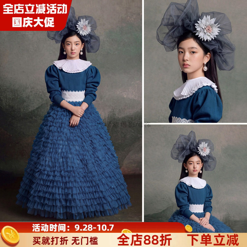女童复古油画风网纱蛋糕裙礼服