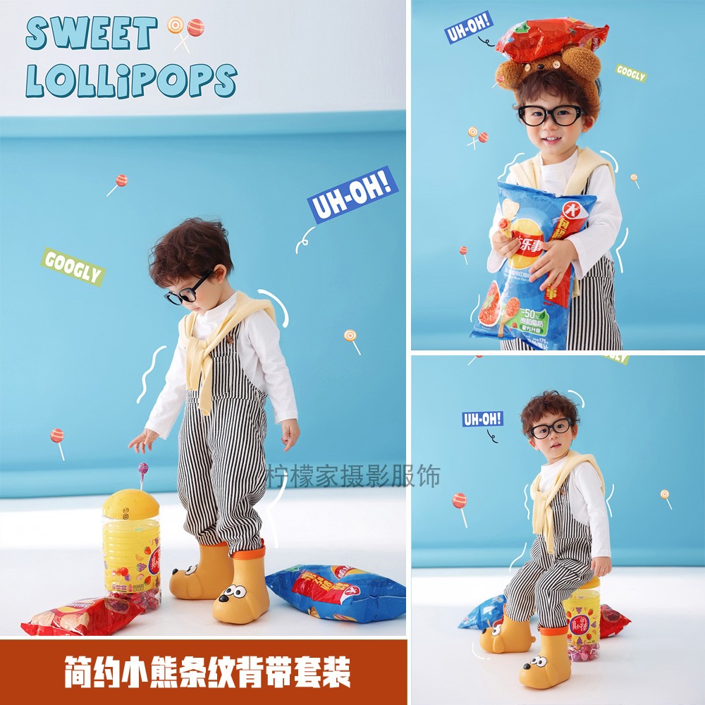 简约纪实风男孩时尚条纹背带套装
