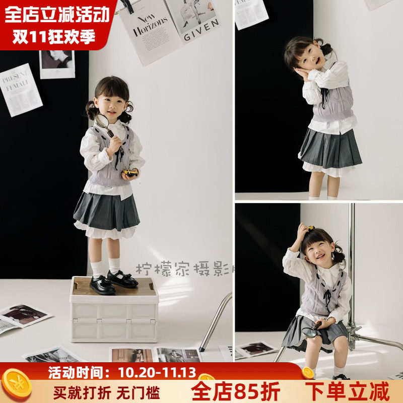 儿童摄影服装灰色系学院风制服套装女童影楼文艺拍照马甲三件套