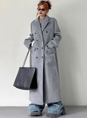 灰色呢子大衣女2026秋冬新款高级感正肩中长款高个子加长毛呢外套