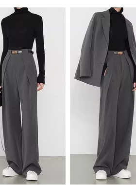高腰阔腿裤女秋季深灰色宽松直筒休闲裤拖地宽褶春秋长款显瘦裤子