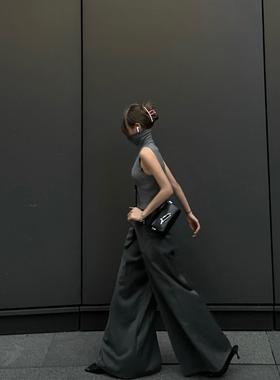 欧美宽松高腰垂感阔腿裙裤小众设计感显瘦加长拖地喇叭灰色西装裤