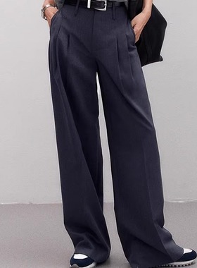 灰色西装阔腿裤女春秋新款高腰宽松百搭垂感休闲直筒裤显瘦遮肉