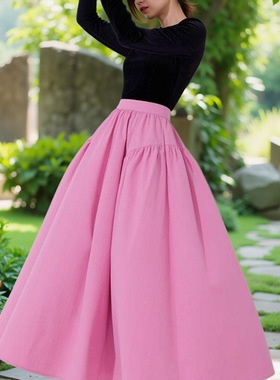 半身裙春秋2025新款粉色设计感法式气质洋气a字褶大裙摆女装