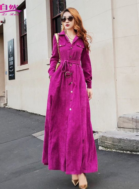 时尚玫红色灯芯绒连衣裙春秋2025长款裙子系带收腰显瘦长裙大摆裙