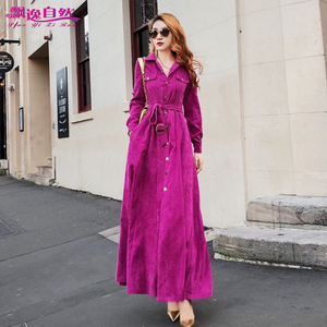时尚玫红色灯芯绒连衣裙春秋2025长款裙子系带收腰显瘦长裙大摆裙