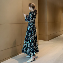 v领长裙气质显瘦裙子 收腰雪纺连衣裙女士黑色长袖 2019年秋季 新款