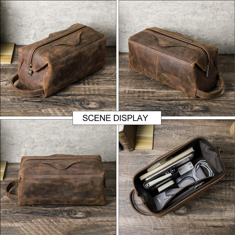 2026新款黑天使复古疯马皮大容量洗漱包旅行便携真皮手机数据线