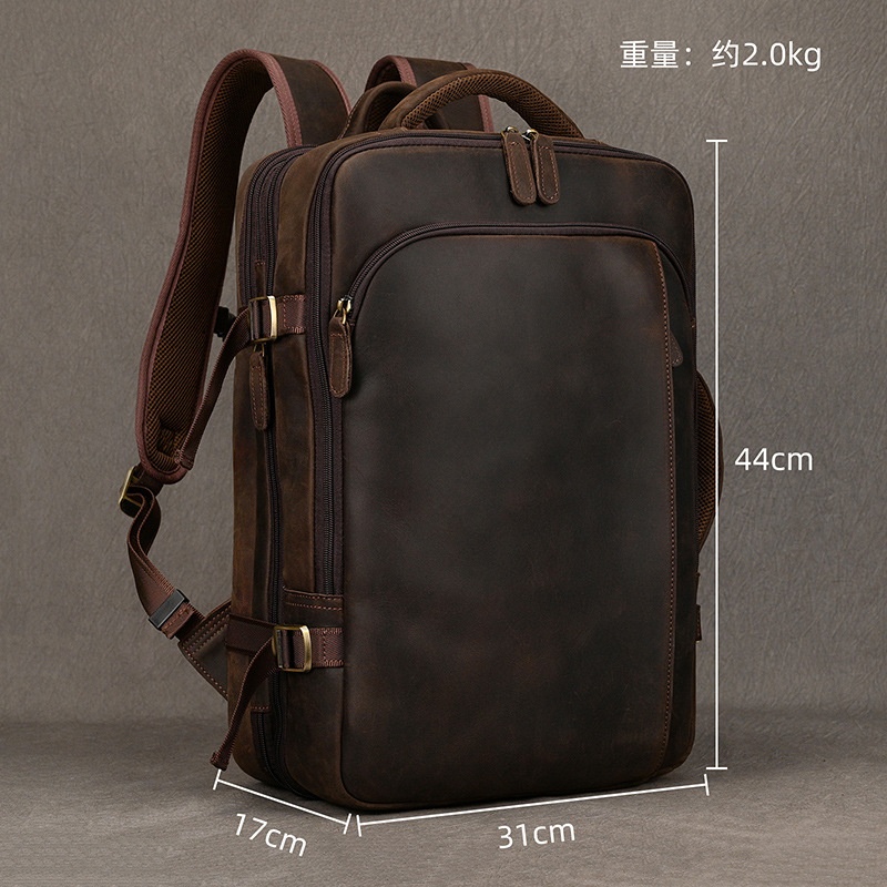 秋冬疯马皮双肩背包三隔层可扩容复古男真皮多功能旅行背囊16寸