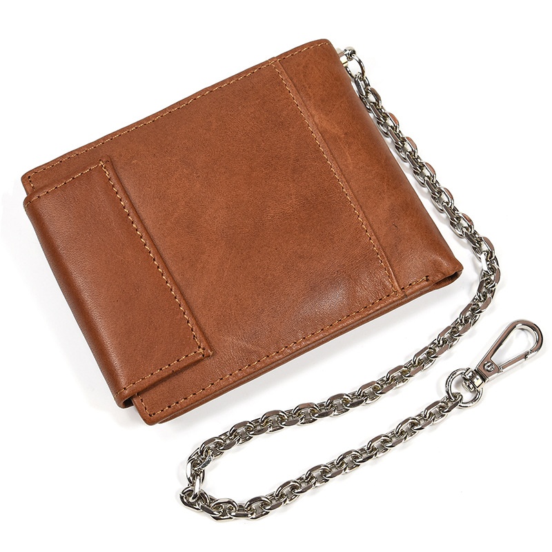 秋冬新款创意男士真皮钱包疯马皮拉链短款钱包铁链防盗多卡位零