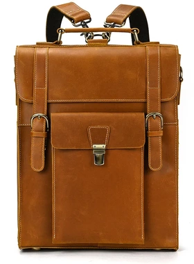 真皮双肩包复古翻盖式背包男士疯马皮多功能单肩包多用手提包