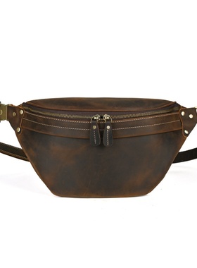 秋冬欧美跨境疯马皮复古男士胸包 头层牛皮大容量挎包休闲户外