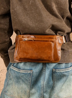 秋冬跨境热销真皮胸包头层牛皮男士包包户外休闲斜挎包感通勤男包