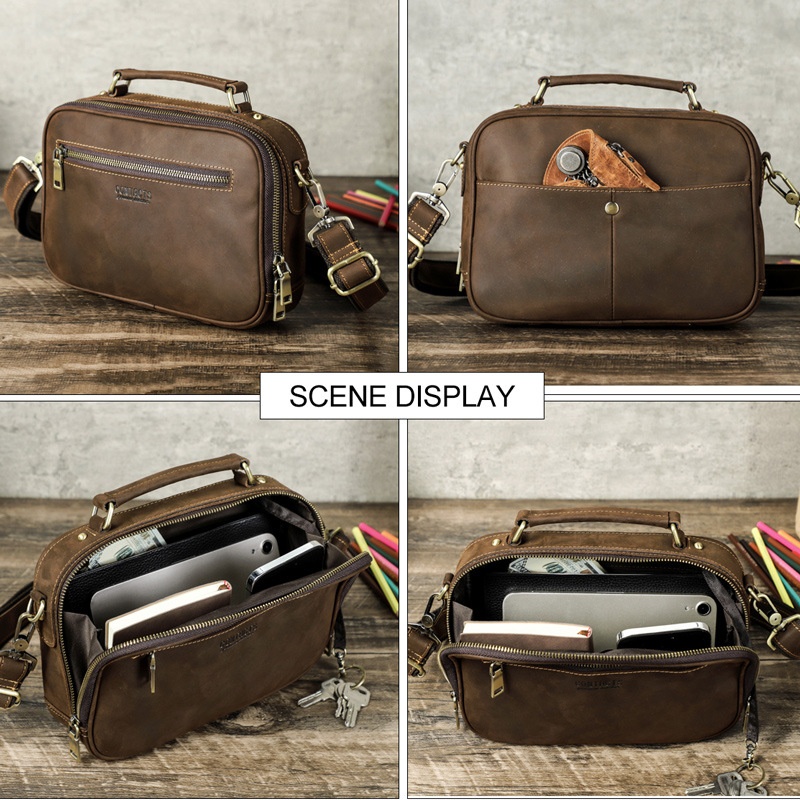 秋冬黑天使复古疯马牛皮手提两用男士单肩斜挎包真皮时尚休闲男款