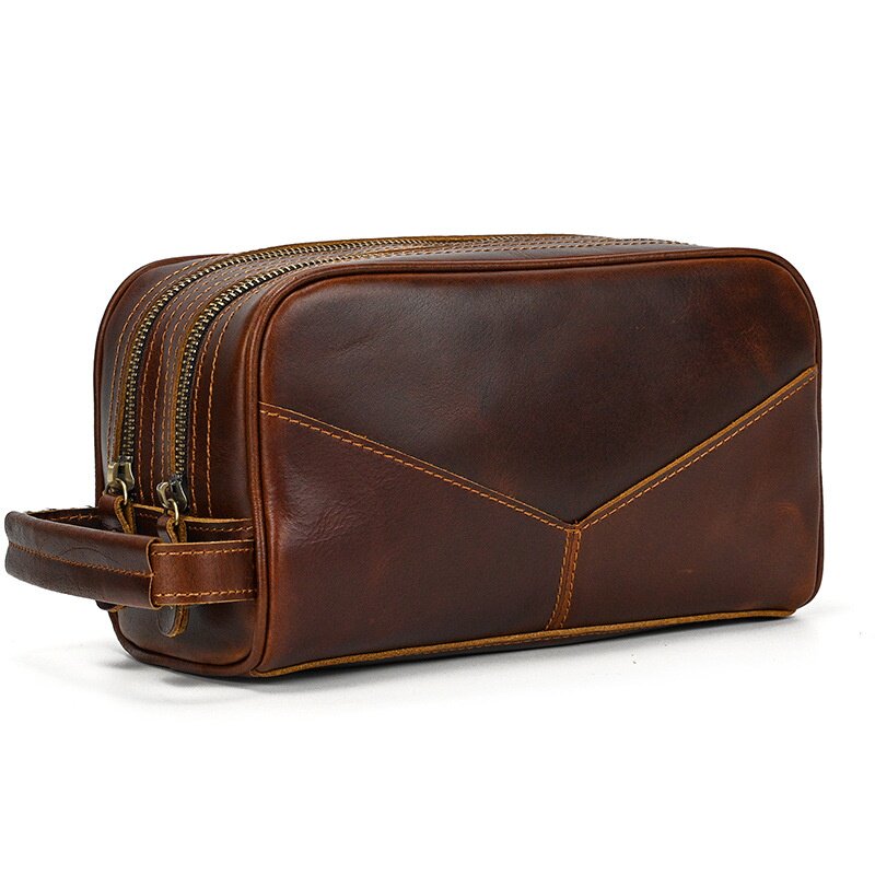 秋冬真皮复古手拿包疯马皮多功能收纳包休闲洗漱包女士化妆品收纳