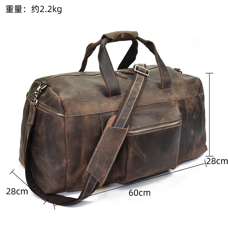 秋冬新款欧美男士疯马皮旅行包复古真皮大容量行李袋牛皮斜跨包
