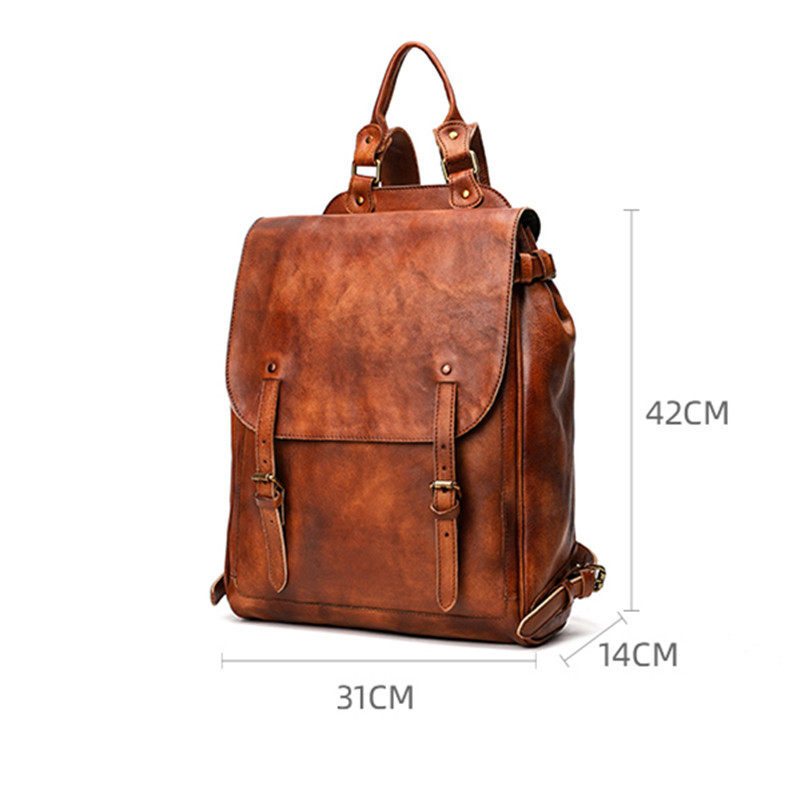 秋冬新款男女通用真皮双肩包旅行素描包包植鞣皮擦色书包大学生