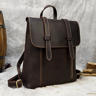 秋冬女款复古真皮背包多功能斜挎包可装iPad疯马皮双肩包跨境热款