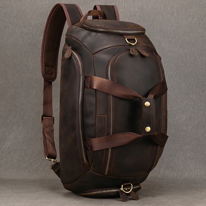 秋冬复古疯马皮旅行包男士真皮背包牛皮行李袋带鞋位健身手提