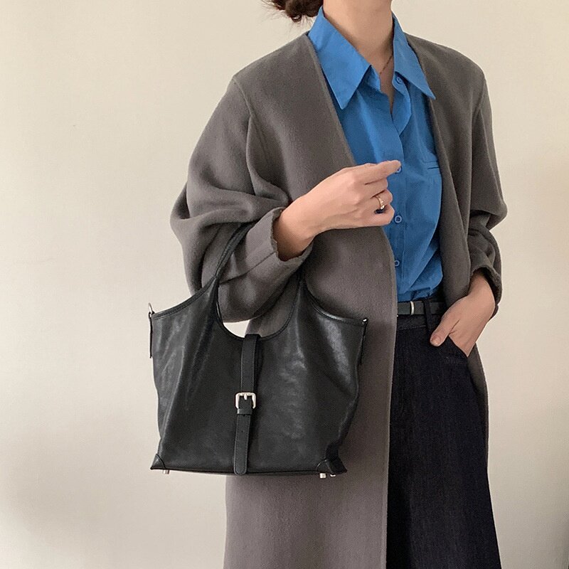 旅行通勤极简托特包女2026新款手提菜篮子包真皮斜挎包复古植鞣