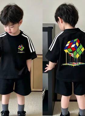 夏季男童潮牌魔方印花短袖套装