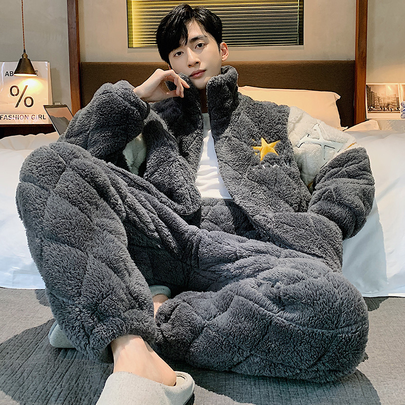 睡衣男冬加厚三层夹棉珊瑚法兰绒家居服套装款冬天保暖棉袄可外穿