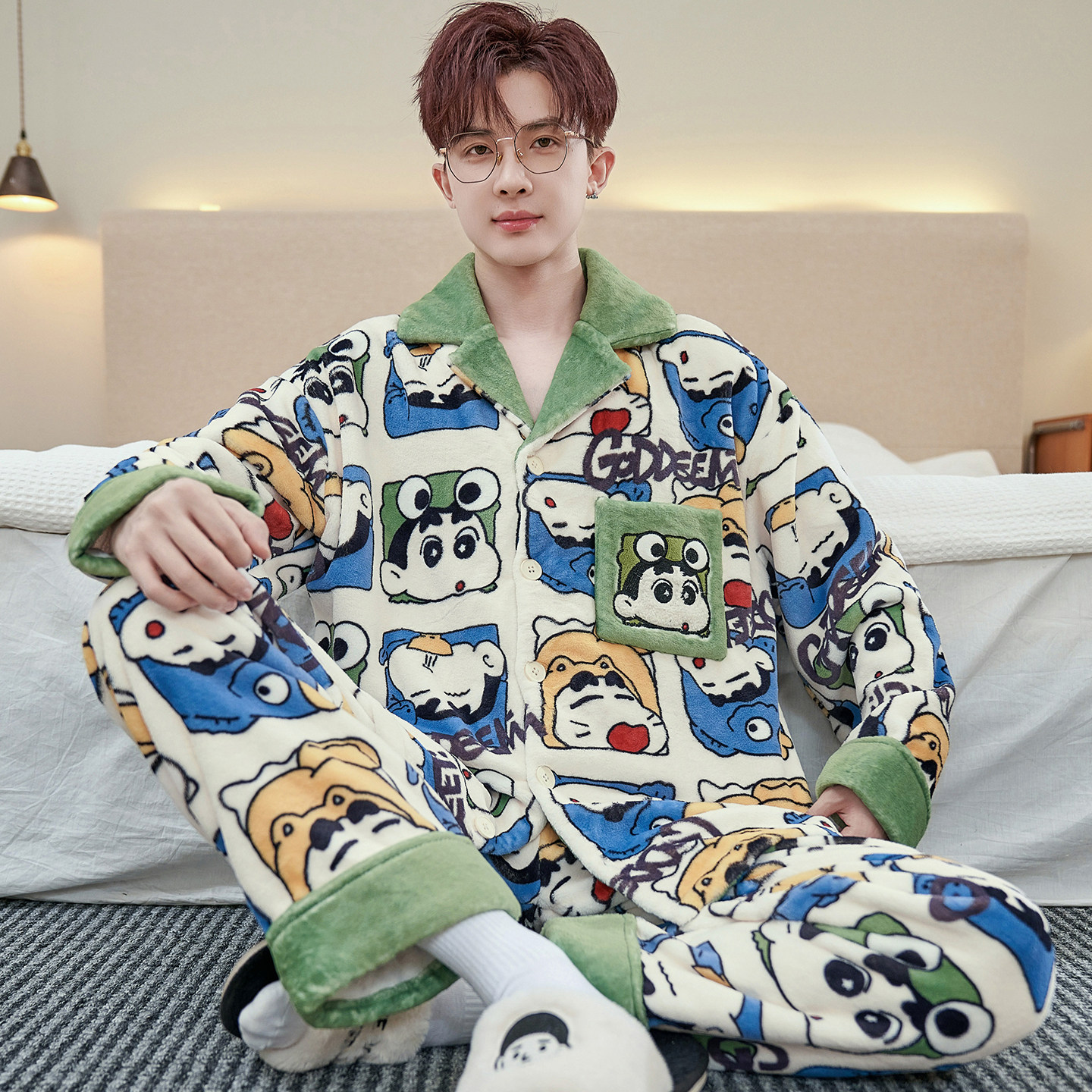 珊瑚绒睡衣男士秋冬款加厚加绒青少年开衫法兰绒加肥加大码家居服