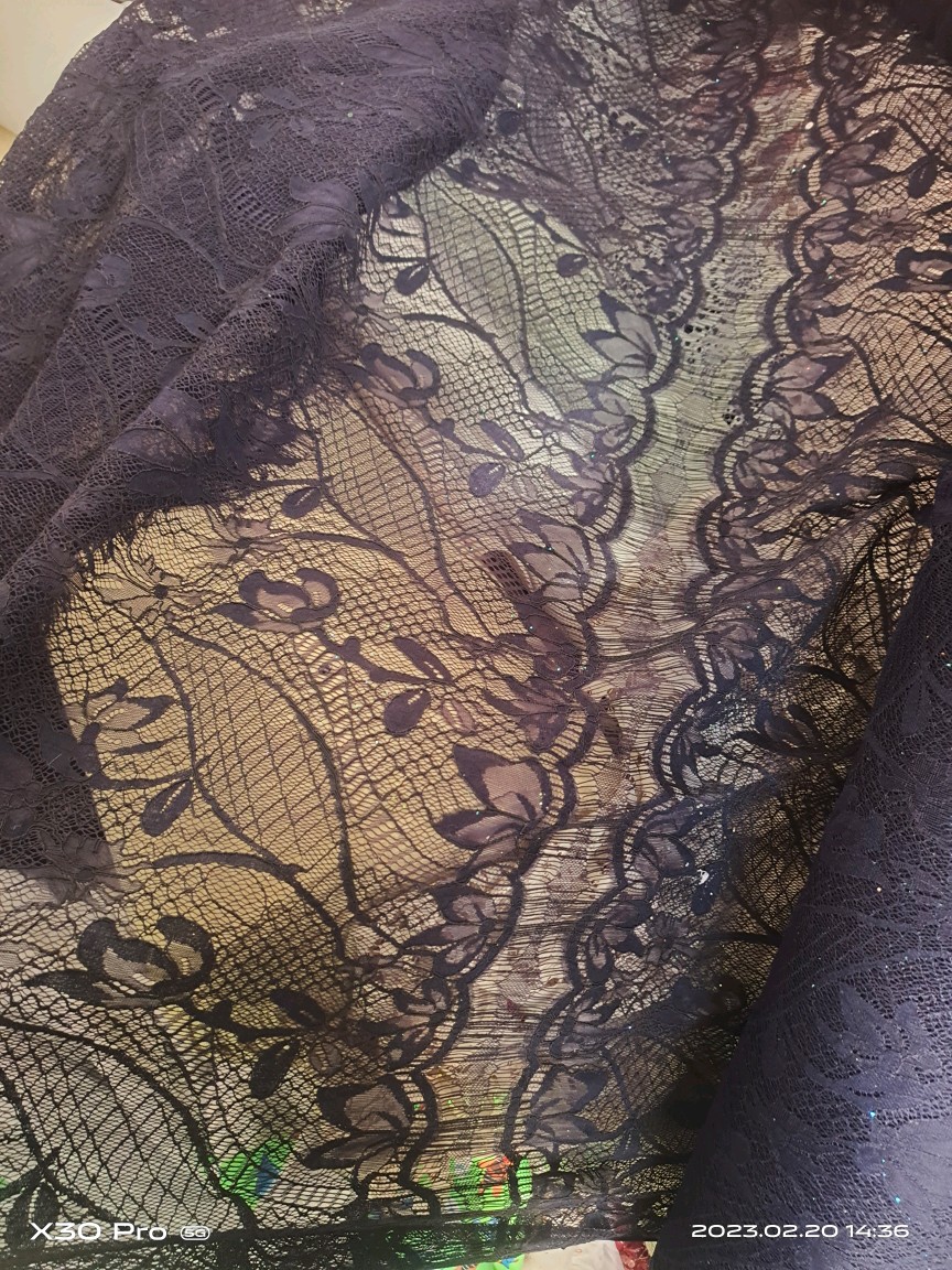 精致藏青色车骨蕾丝睫毛布料旗袍连衣裙服装打底假两件称斤一斤