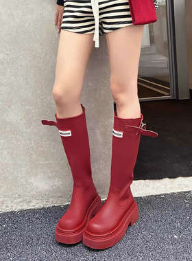 厚底防滑防水高筒红色雨靴子户外露营雨鞋雨天穿旅游长筒靴骑士靴