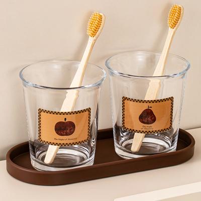 复古玻璃漱口杯家用法式轻奢洗漱杯套装托盘情侣一对刷牙杯子牙缸