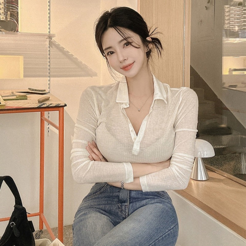 韩国东大门女装2026夏季新款性感薄款透视polo半开领长袖T恤上衣