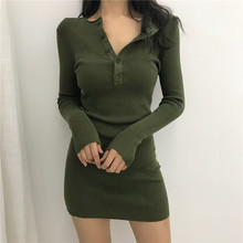胸前纽扣v领性感针织连衣裙女毛衣1