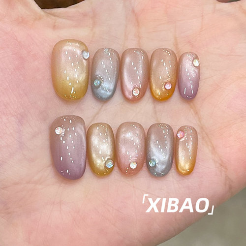 玻璃穿戴甲短款高级感猫眼穿戴美甲2025新款手工定制显白指甲贴片