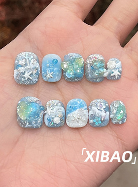 蓝色穿戴甲短款高级感夏天绝美穿戴美甲2026新款手工定制指甲贴片