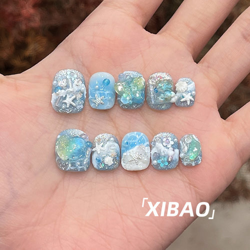 蓝色穿戴甲短款高级感夏天绝美穿戴美甲2026新款手工定制指甲贴片
