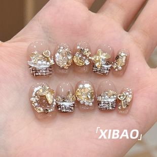 穿戴美甲秋冬高级感重工精致短戴甲 纯手工法式 短款 穿戴甲2025新款