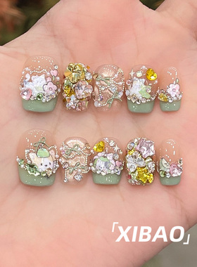 绿色法式穿戴甲短款高级感重工穿戴美甲2025新款显白手工指甲贴片