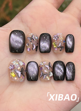 黑色猫眼穿戴甲短款高级感纯手工指甲贴片2025新款爆款穿戴款美甲