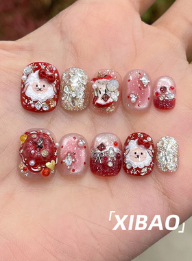 红色穿戴甲2026新款轻奢重工穿戴美甲短款高级感秋冬手工指甲贴片