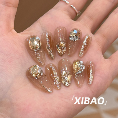 美甲穿戴甲中长款纯手工高端定制婚甲秋冬高级感重工轻奢指甲贴片