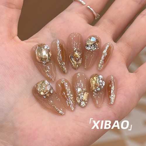 美甲穿戴甲中长款纯手工高端定制婚甲秋冬高级感重工轻奢指甲贴片
