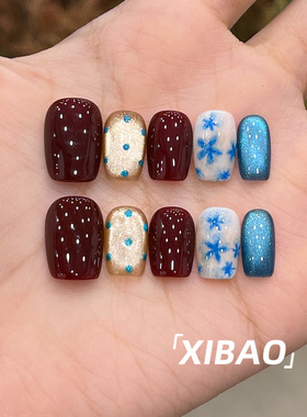 秋冬穿戴甲短款手工绝美猫眼指甲贴片2025新款高级感红色穿戴美甲