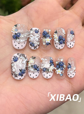 纯手工不掉钻春夏爆款蓝莓穿戴甲