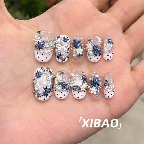 纯手工不掉钻春夏爆款蓝莓穿戴甲