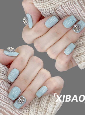 蓝色穿戴甲短款高级感甲片穿戴式美甲2026新款纯手工绝美指甲贴片