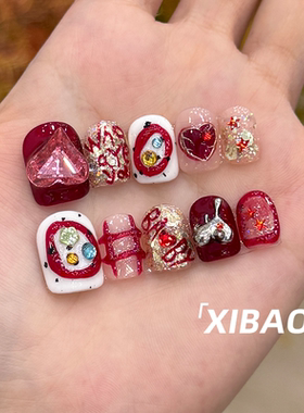 红色穿戴甲短款秋冬精致穿戴款美甲2025新年款纯手工新款指甲贴片