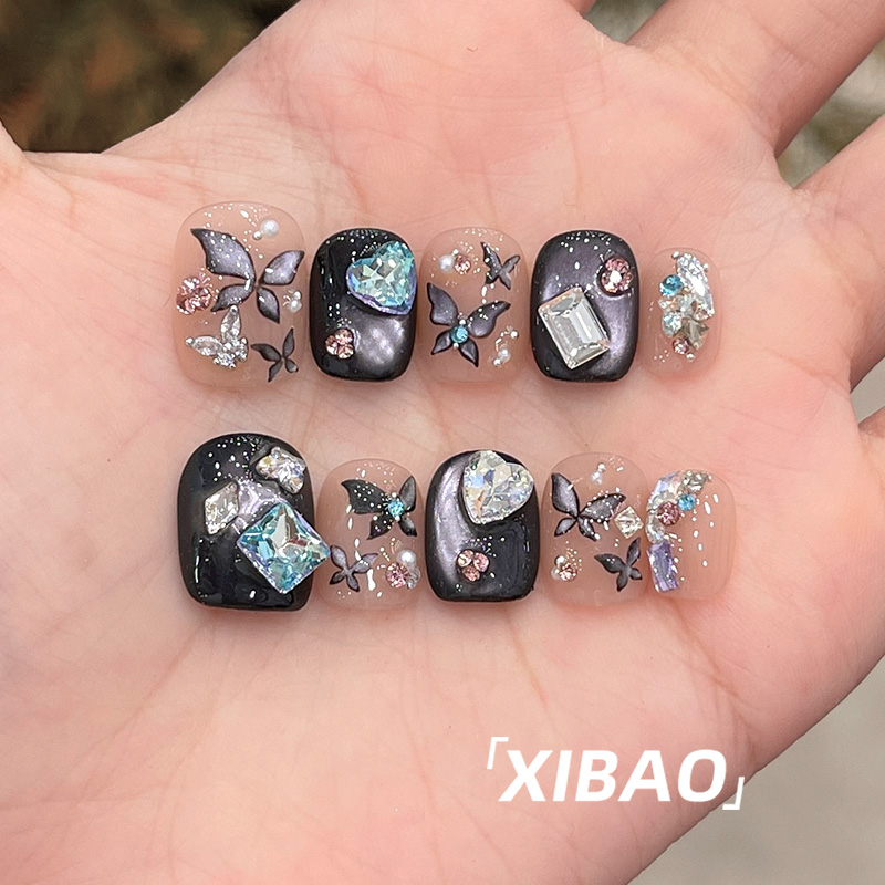 黑色猫眼穿戴甲短款手工蝴蝶穿戴美甲2025新款高级感闪钻指甲贴片